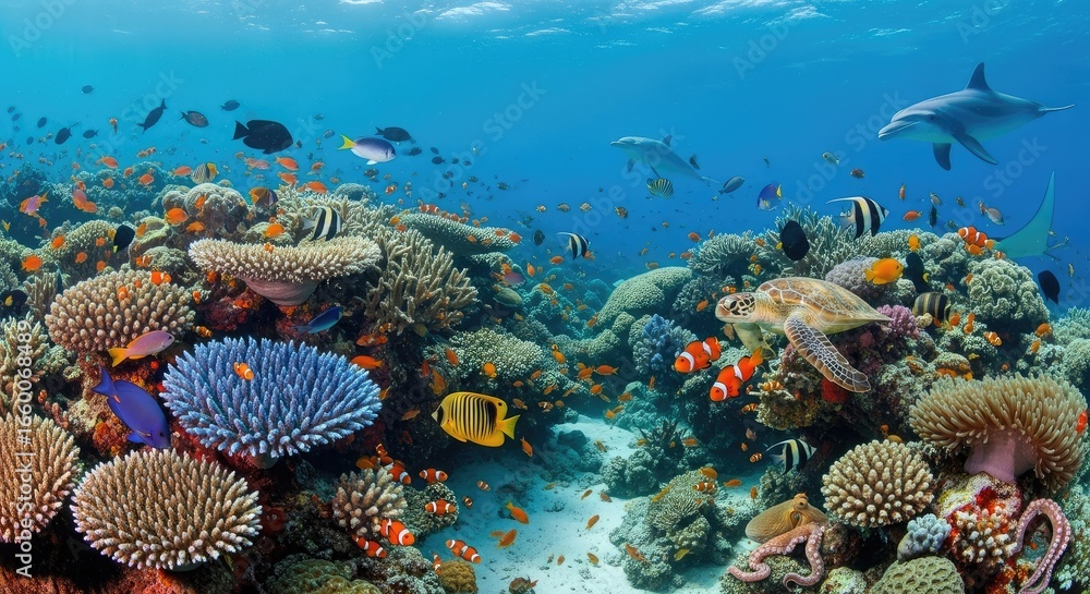 Naklejka premium Vibrant Tropical Coral Reef Ecosystem Teeming with Colorful Fish, Sea Turtle, and Dolphin in Clear Blue Ocean Water.