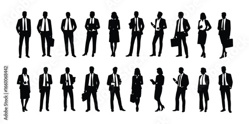 Silhouettes of twenty business professionals in formal attire—standing, walking, interacting—representing corporate diversity and teamwork