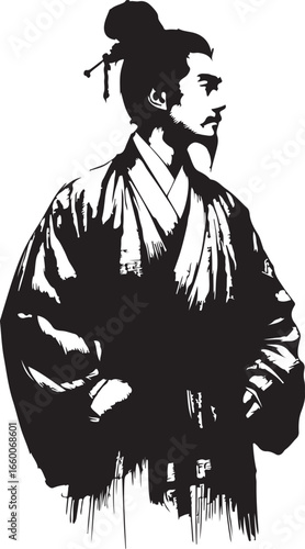 A black and white illustration of a man in 1800s chinese fashion man traditional East Asian clothing, possibly a samurai or scholar, with his hair in a topknot and his gaze directed to the right.