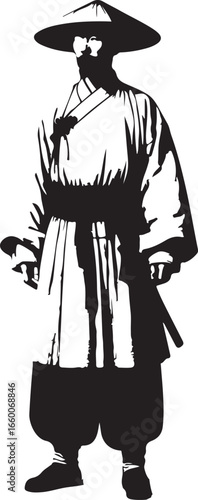 A stylized black and white illustration of a man in 1800s chinese fashion man traditional East Asian clothing, possibly a robe and wide-brimmed hat, standing with a calm, almost stoic expression.