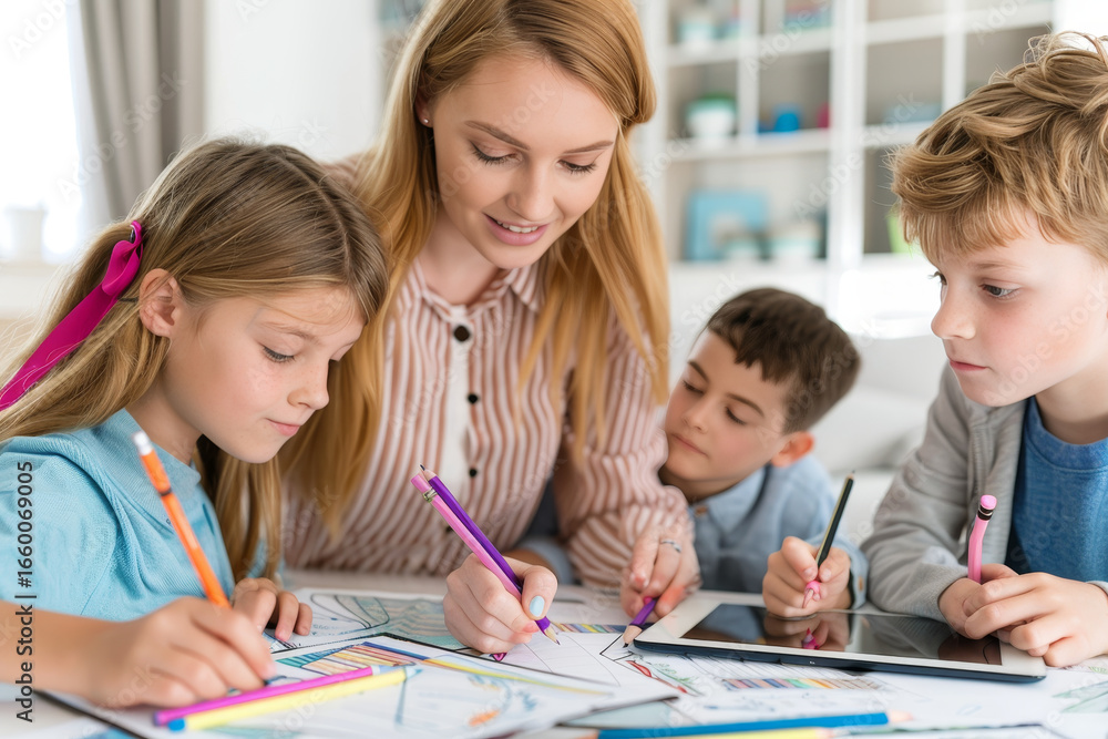Smiling mother helps her children with homework at a table, as the kids draw and write together using colored pencils, with a tablet nearby. Smiling mother helps her children with homework at a table, as the kids draw and write together using colored pencils, with a tablet nearby.