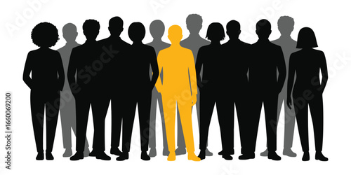 Silhouettes of group with one highlighted figure in yellow—symbolizing individuality, leadership, and standing out from the crowd