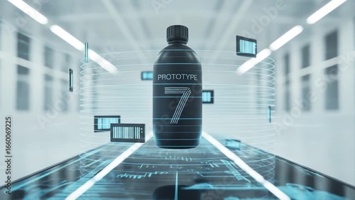 Futuristic Prototype Bottle with Barcodes and Number Seven in a Modern Setting
