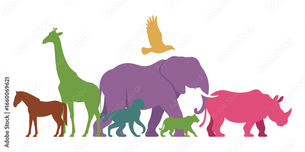 Obraz premium Colorful silhouettes of diverse animals—horse, giraffe, monkey, elephant, bird, rhino—symbolizing biodiversity, wildlife, and nature unity