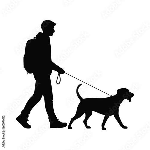 Silhouette of person walking a dog with backpack and leash—capturing companionship, daily routine, pet care, and outdoor activity