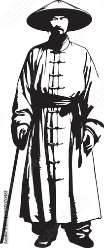 A stylized black and white illustration depicts a man in 1800s chinese fashion man traditional East Asian clothing, a wide-brimmed hat, and holding a cane, standing in a confident yet reserved pose.