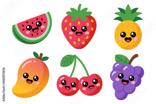 Fruit mix vector, apple watermelon strawberry cherry grapes, kawaii faces, bright colors, kids stickers, healthy food, white background, cute clipart, nursery learning resources, and decor