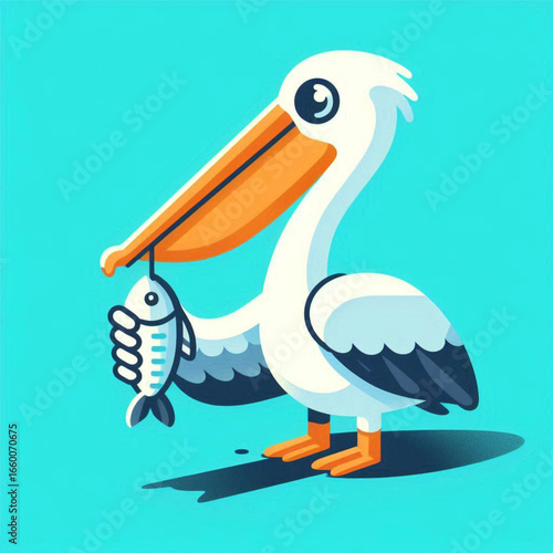 A cartoon pelican holding a fish against a bright blue background, showcasing nature's humor
