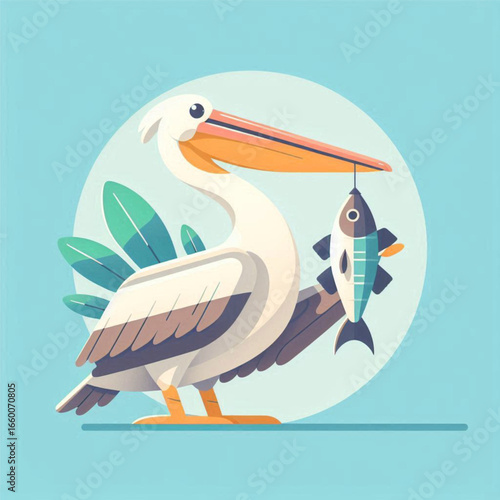 A cheerful pelican proudly holding a fish in its beak, set against a light blue background
