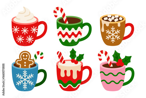 Winter cocoa mugs set, hot chocolate cups, whipped cream marshmallow candy cane holly, cozy Christmas drink, festive illustration, warm beverage vector, seasonal kitchen decor icons