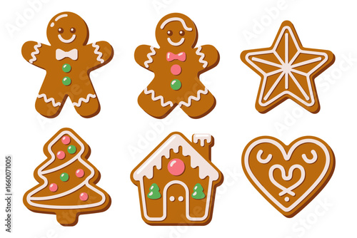 Gingerbread cookie set, man woman star tree house heart, icing decorated bakery, sweet Christmas treats, holiday dessert vector, cute kitchen clipart, festive baking elements