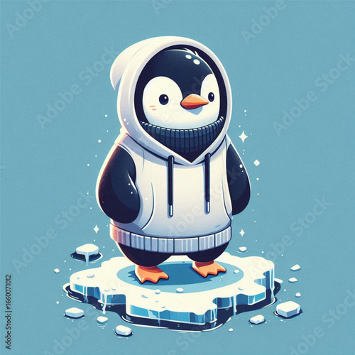 A cute cartoon penguin wearing a hoodie stands on an ice floe against a blue background