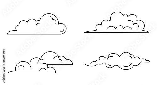 Four different types of white clouds in simple line drawings on a plain background