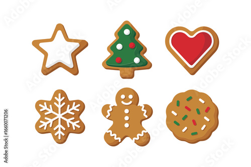 Festive cookies bundle, star heart tree snowflake, gingerbread man, sprinkled round cookie, decorated Christmas sweets, bakery vector icons, cute dessert set, holiday illustration