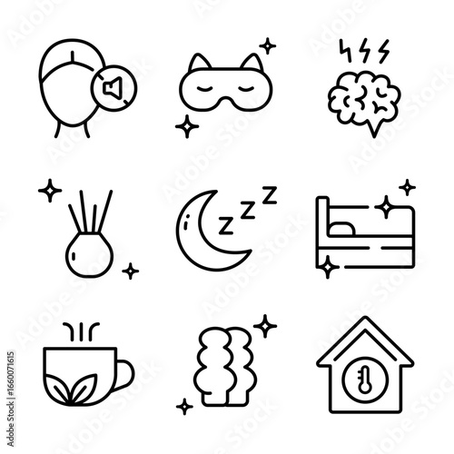 Sleep Hygiene And Wellness icons set. Tips better sleep signs. Promoting relaxation and better sleep through mindful habits and routines