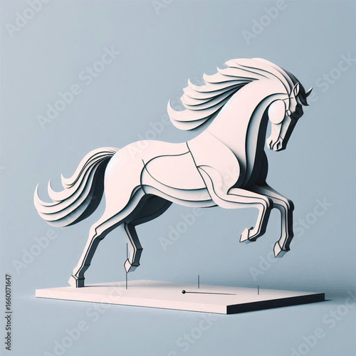 A dynamic paper sculpture of a horse in mid-gallop against a soft blue backdrop, showcasing craftsmanship