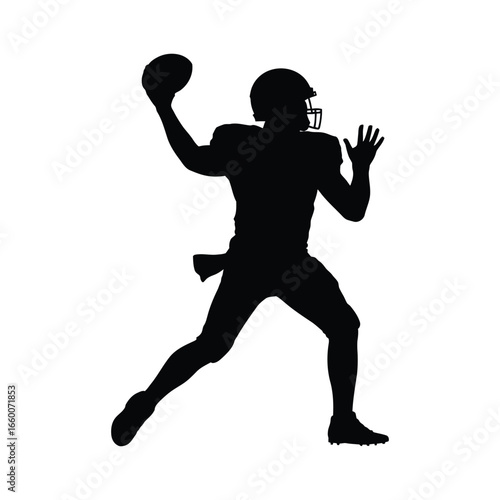 Silhouette of American football quarterback in dynamic throwing stance with helmet and ball—capturing athleticism, strategy, and motion