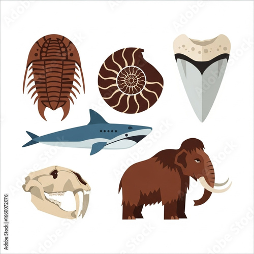 Collection of prehistoric fossils and extinct animals including mammoth, shark, and trilobite.
