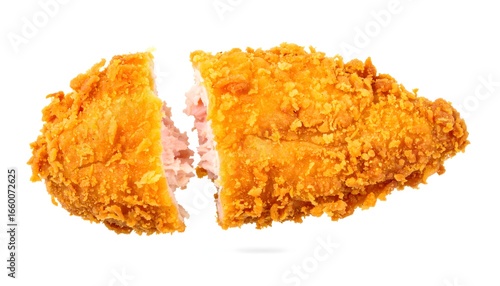 Crispy fried chicken breast cutlet isolated on white background view
