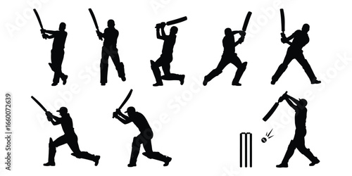 Silhouettes of eight cricket players in varied batting poses with ball and stumps—capturing technique, motion, and wicket action