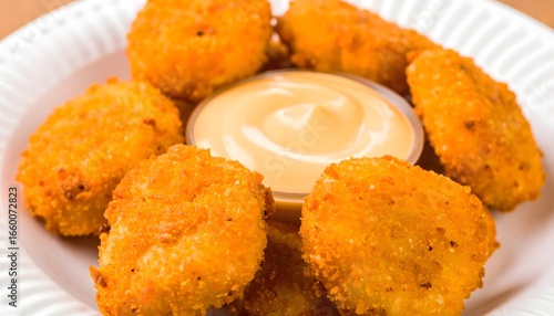 Crispy fried chicken nuggets with dipping sauce food photography shot