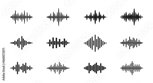 Collection of various sound wave patterns and audio signal icons in black