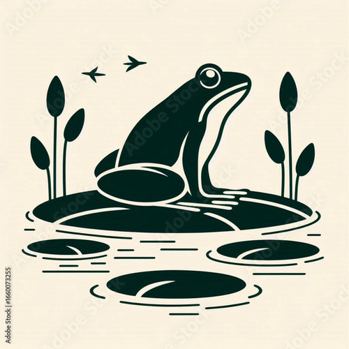 A serene frog perched on a lily pad in a tranquil pond, surrounded by reeds and flying birds