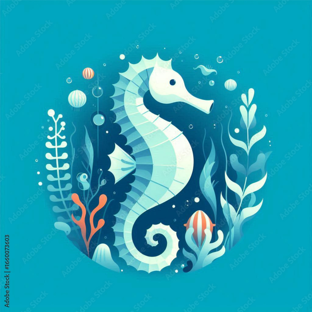 Fototapeta premium A serene underwater scene featuring a stylized seahorse amidst vibrant aquatic plants and bubbles