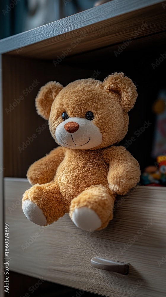 Obraz premium A cute teddy bear sits on the edge of a wooden chest of drawers — perfect for children's interiors, toy advertising, and family blogs.