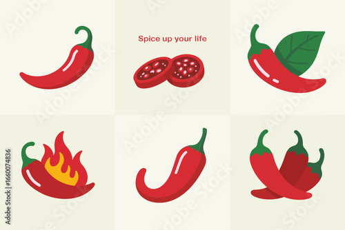 Chili pepper pack, hot red peppers, whole sliced seeds, spicy food icons, cooking vector, mexican theme
