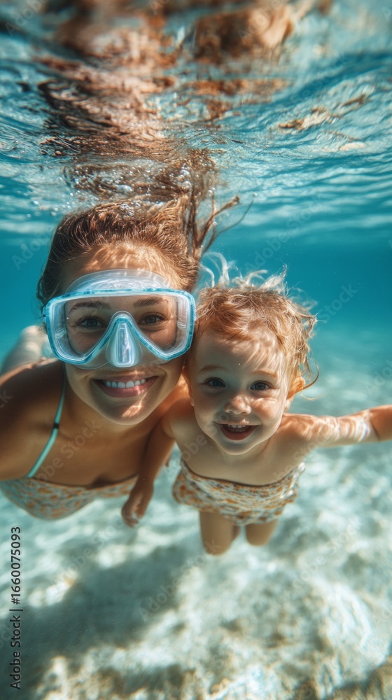 Naklejka premium A cheerful woman with a child in a swimming pool underwater wearing a diving mask, smiling and happy · ideal for advertising family vacations, children's camps, and water parks.