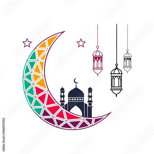 Abstract logo design for Eid al-Adha, featuring stylized crescent moon, star, and figures.