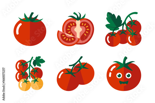 Tomato assortment, whole fruit slices, on vine clusters, fresh produce icons, kitchen vector illustration
