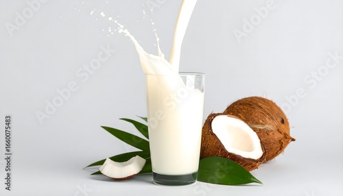 Refreshing coconut milk pouring into glass with fresh coconut fruit