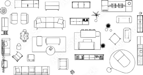 Furniture top view. Planning decoration schemes for modern interiors inside rooms drawing furniture recent vector outline appartment tools