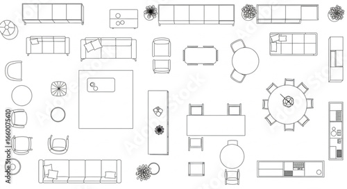 Furniture top view. Planning decoration schemes for modern interiors inside rooms drawing furniture recent vector outline appartment tools