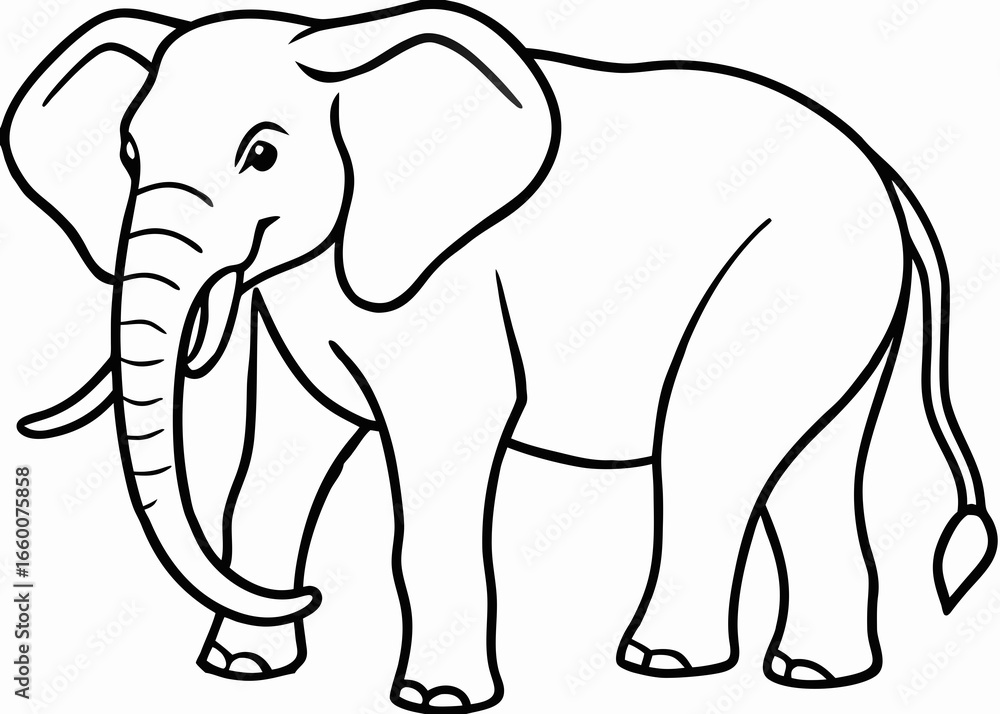 Fototapeta premium Simple outline drawing of an african elephant standing calmly isolated on white background