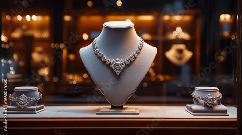 Elegant necklaces and bracelets with diamonds on mannequins in a jewelry store window with evening lighting — for advertising luxury jewelry, jewelry brands, gifts.