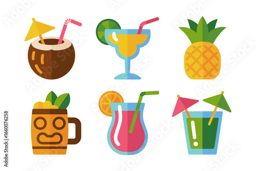 Tiki bar cocktail set, coconut drink pineapple juice, exotic mugs, umbrella garnish, summer beach vibes, party clipart, colorful vector icons, isolated beverage collection