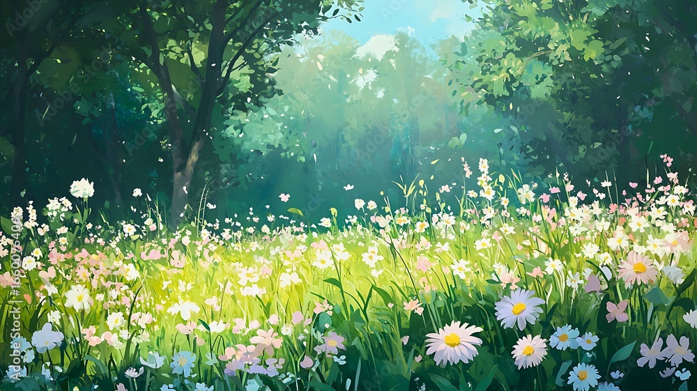 Fototapeta premium A vibrant illustration of a sunlit meadow filled with wildflowers and a lush canopy of trees