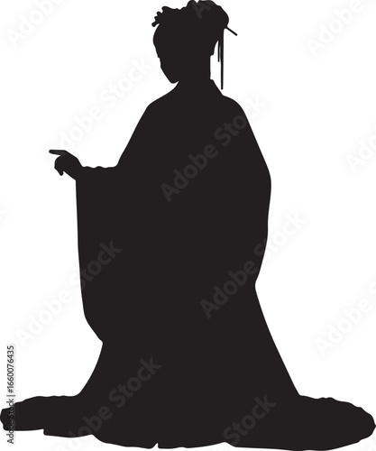 A black silhouette of a woman in 1800s chinese fashion woman long traditional Japanese kimono, her hair styled in an updo with decorative hairpins, gracefully gesturing with her hand.