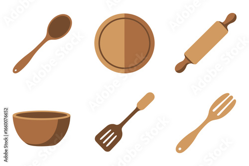 Cooking tools collection, wooden spoon bowl rolling pin spatula fork, kitchenware icons, home cooking clipart, flat vector design, isolated elements