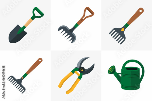 Garden tools set, shovel trowel hoe rake shears watering can, gardening icons, yard work clipart, flat vector design, isolated elements for spring projects
