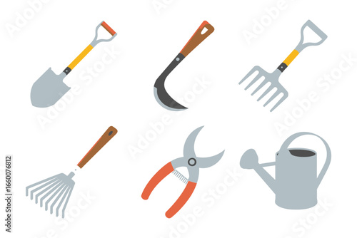 Gardening equipment bundle, trowel fork hoe rake pruner watering can, green tool icons, backyard care clipart, flat vector, isolated elements