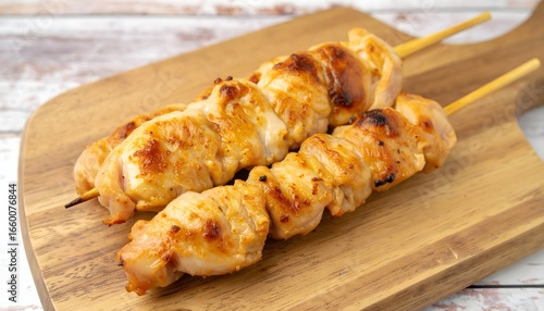 Grilled chicken skewers recipe on wooden board healthy food concept