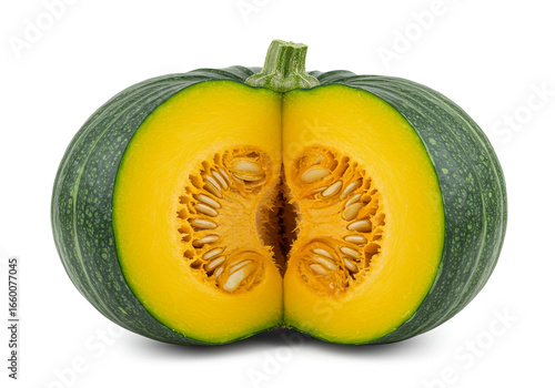 Halved Green Pumpkin with Bright Yellow Flesh and Seeds on Neutral Surface