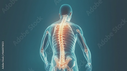 Realistic lower back pain in human body, highlighted lumbar spine