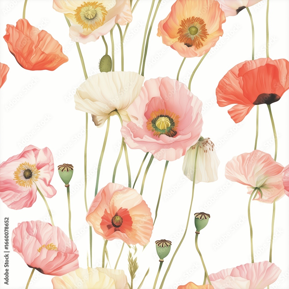 Fototapeta premium Seamless Pattern of Stylized Poppies in Varying Shades of Pink, Orange, and Cream on a Crisp White Background Perfect for Soft Decor and Textiles