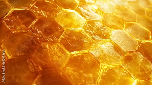 Close-up image of golden honeycomb cells, with natural hexagonal structures and rich textures
