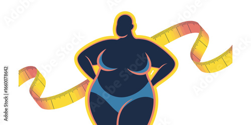 Illustration of fuller body silhouette with measuring tape, symbolizing body positivity, health awareness, and self-image empowerment